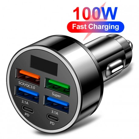 Быстрое автомобильное зарядное устройство от прикуривателя 100W 4 USB + 2 Type-C PD QC3.0 с цифровым дисплеем для ноутбуков, планшетов, смартфонов Apple iPhone, iPad, MacBook, Huawei, Honor, Xiaomi, Samsung, OPPO, Redmi, Realme