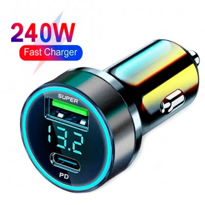 Быстрое автомобильное зарядное устройство от прикуривателя 240W 1 USB + 1 Type-C PD с цифровым дисплеем для ноутбуков, планшетов, смартфонов Apple iPhone, iPad, MacBook, Huawei, Honor, Xiaomi, Samsung, OPPO, Redmi, Realme