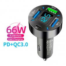 Быстрое автомобильное зарядное устройство от прикуривателя 66W 3 USB + Type-C PD с цифровым дисплеем для ноутбуков, планшетов, смартфонов Apple iPhone, iPad, MacBook, Huawei, Honor, Xiaomi, Samsung, OPPO, Redmi, Realme