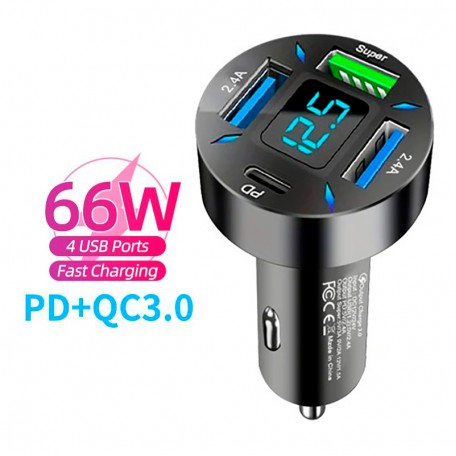 Быстрое автомобильное зарядное устройство от прикуривателя 66W 3 USB + Type-C PD с цифровым дисплеем для ноутбуков, планшетов, смартфонов Apple iPhone, iPad, MacBook, Huawei, Honor, Xiaomi, Samsung, OPPO, Redmi, Realme