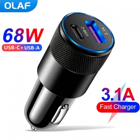 Быстрое автомобильное зарядное устройство от прикуривателя OLAF 68W 1 USB + 1 Type-C PD для ноутбуков, планшетов, смартфонов Apple iPhone, iPad, MacBook, Huawei, Honor, Xiaomi, Samsung, OPPO, Redmi, Realme