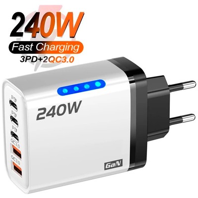 Сетевое зарядное устройство Блок питания для телефона Maerknon 240W 2 USB A + 3 USB Type-C Быстрая зарядка PD+QC3.0 Блок зарядки для Samsung, IPhone, Xiaomi, Redmi, Huawei, Realme