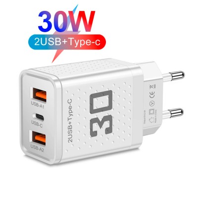 AC charger Phone power supply Maerknon 30W 2 USB A + 1 USB Type-C Fast charging PD+QC3.0 Charging unit for Samsung, IPhone, Xiaomi, Redmi, Huawei, Realme