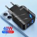 AC charger Phone power supply 40W 1 USB A + 1 USB Type-C Fast charging PD+QC3.0 Charging unit for Samsung, IPhone, Xiaomi, Redmi, Huawei, Realme