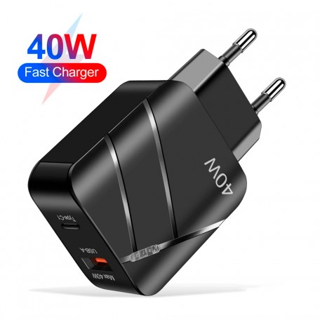 Сетевое зарядное устройство Блок питания для телефона 40W 1 USB A + 1 USB Type-C Быстрая зарядка PD+QC3.0 Блок зарядки для Samsung, IPhone, Xiaomi, Redmi, Huawei, Realme