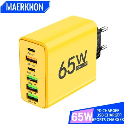 Сетевое зарядное устройство Блок питания для телефона Maerknon 65W 4 USB + 2 Type-C Быстрая зарядка PD+QC3.0 Блок зарядки для Samsung, IPhone, Xiaomi, Redmi, Huawei, Realme