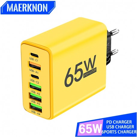 Сетевое зарядное устройство Блок питания для телефона Maerknon 65W 4 USB + 2 Type-C Быстрая зарядка PD+QC3.0 Блок зарядки для Samsung, IPhone, Xiaomi, Redmi, Huawei, Realme