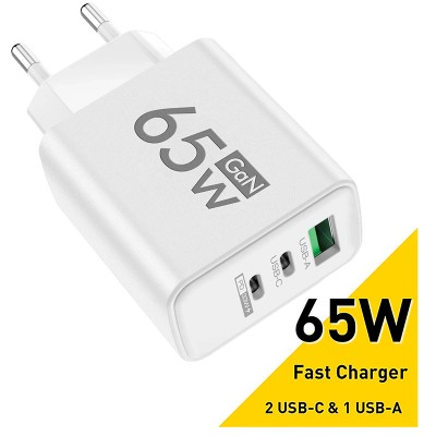 Сетевое зарядное устройство Блок питания для телефона Maerknon 65W GAN 1 USB + 2 Type-C Быстрая зарядка PD+QC3.0 Блок зарядки для Samsung, IPhone, Xiaomi, Redmi, Huawei, Realme