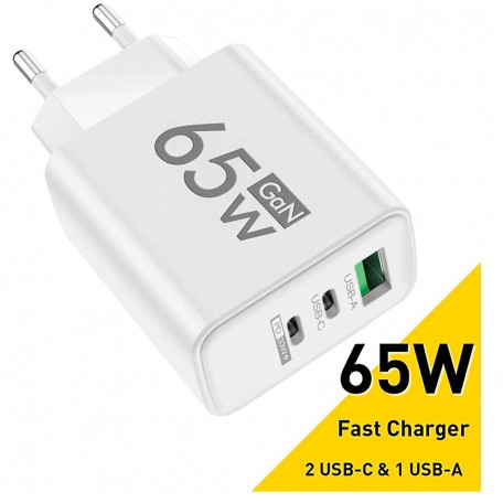 Сетевое зарядное устройство Блок питания для телефона Maerknon 65W GAN 1 USB + 2 Type-C Быстрая зарядка PD+QC3.0 Блок зарядки для Samsung, IPhone, Xiaomi, Redmi, Huawei, Realme