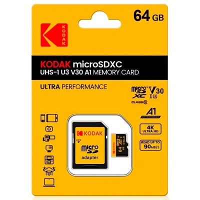 Карта памяти Kodak MicroSDXC UHS-I U3 V30 A1 64GB Class 10 90MB/S + SD адаптер